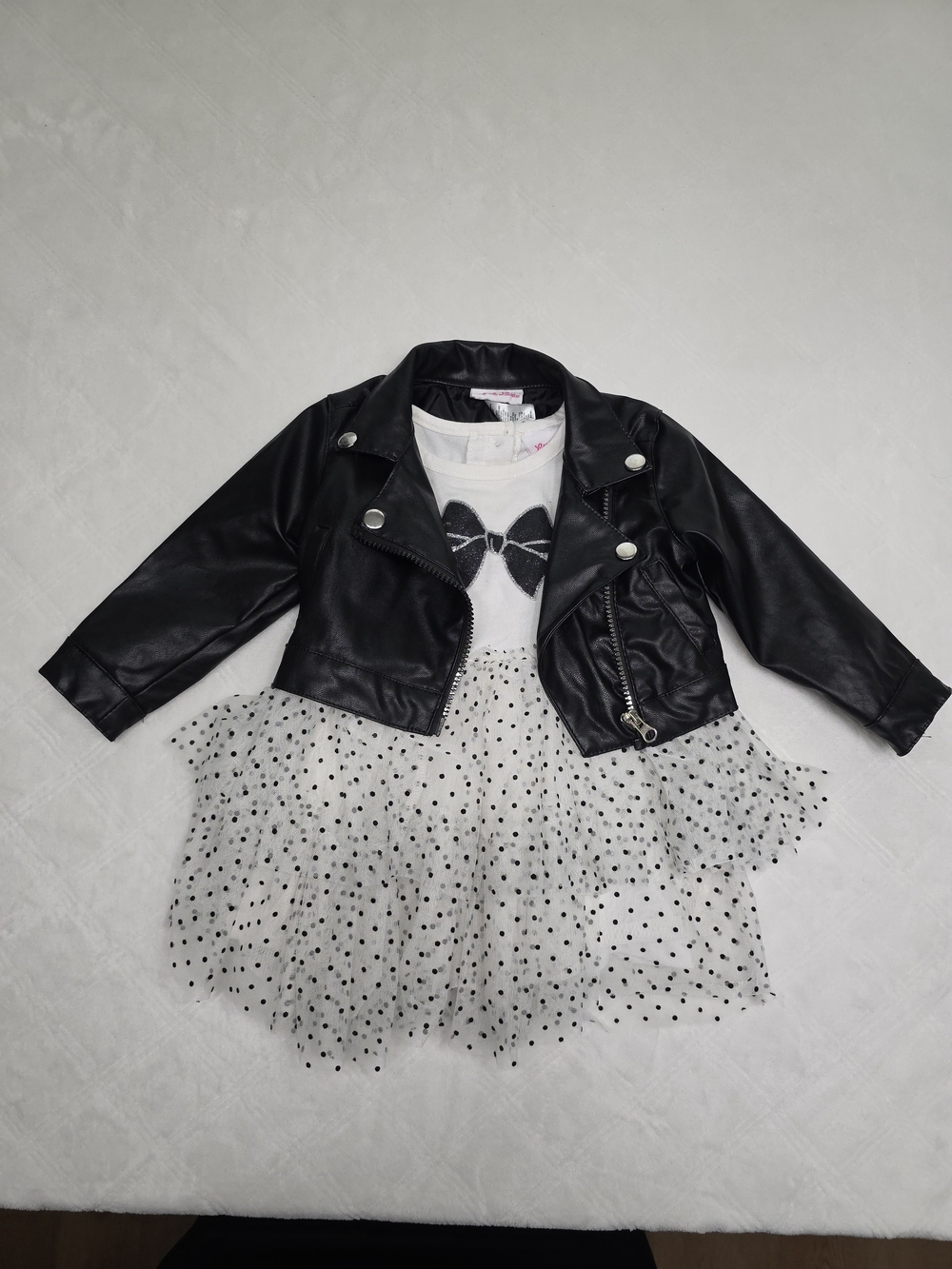 Little Lass Black and White Polka Dot Tulle Dress with Faux Leather Jacket